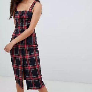 Bershka button-front check midi pinafore dress